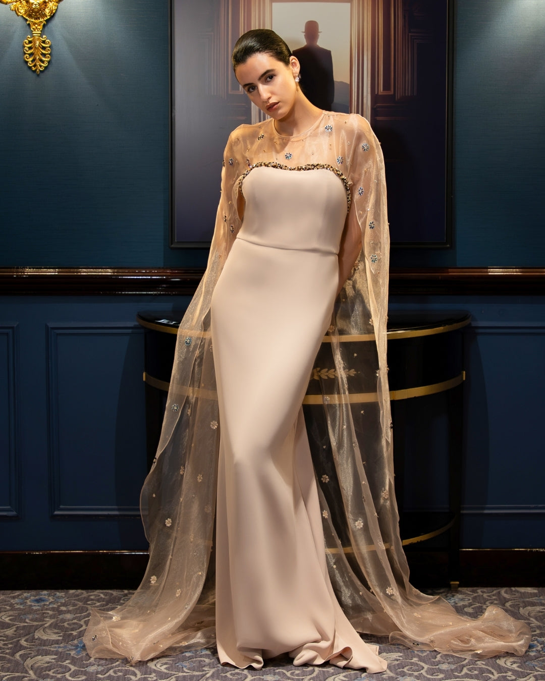 Warm taupe Cape Gown