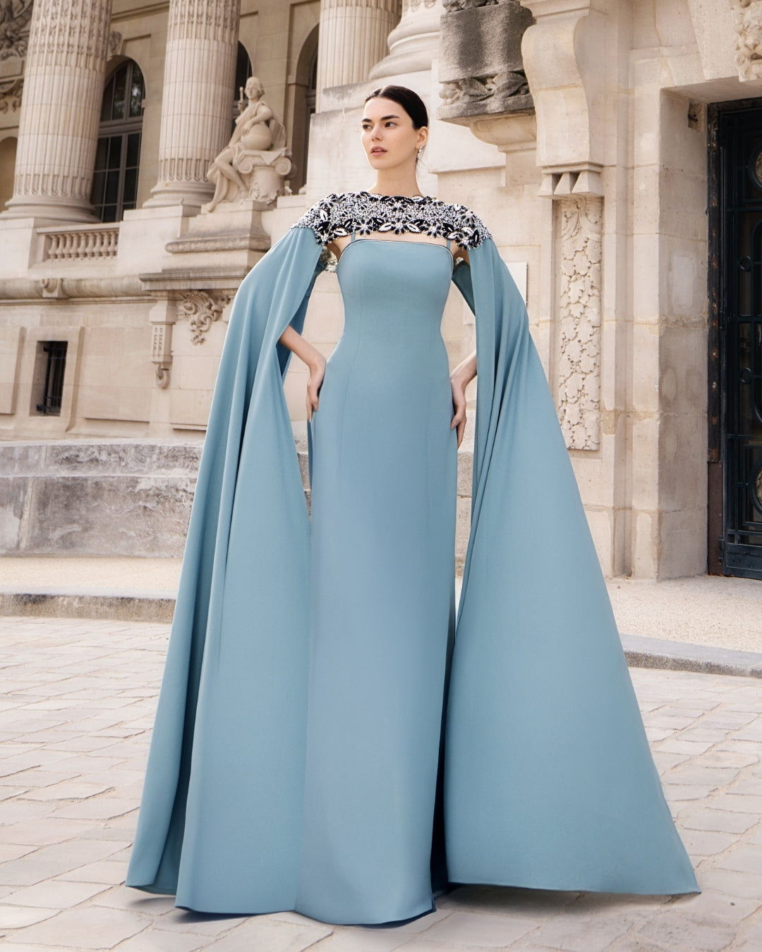 Bleu Ciel Embroidered Cape Gown