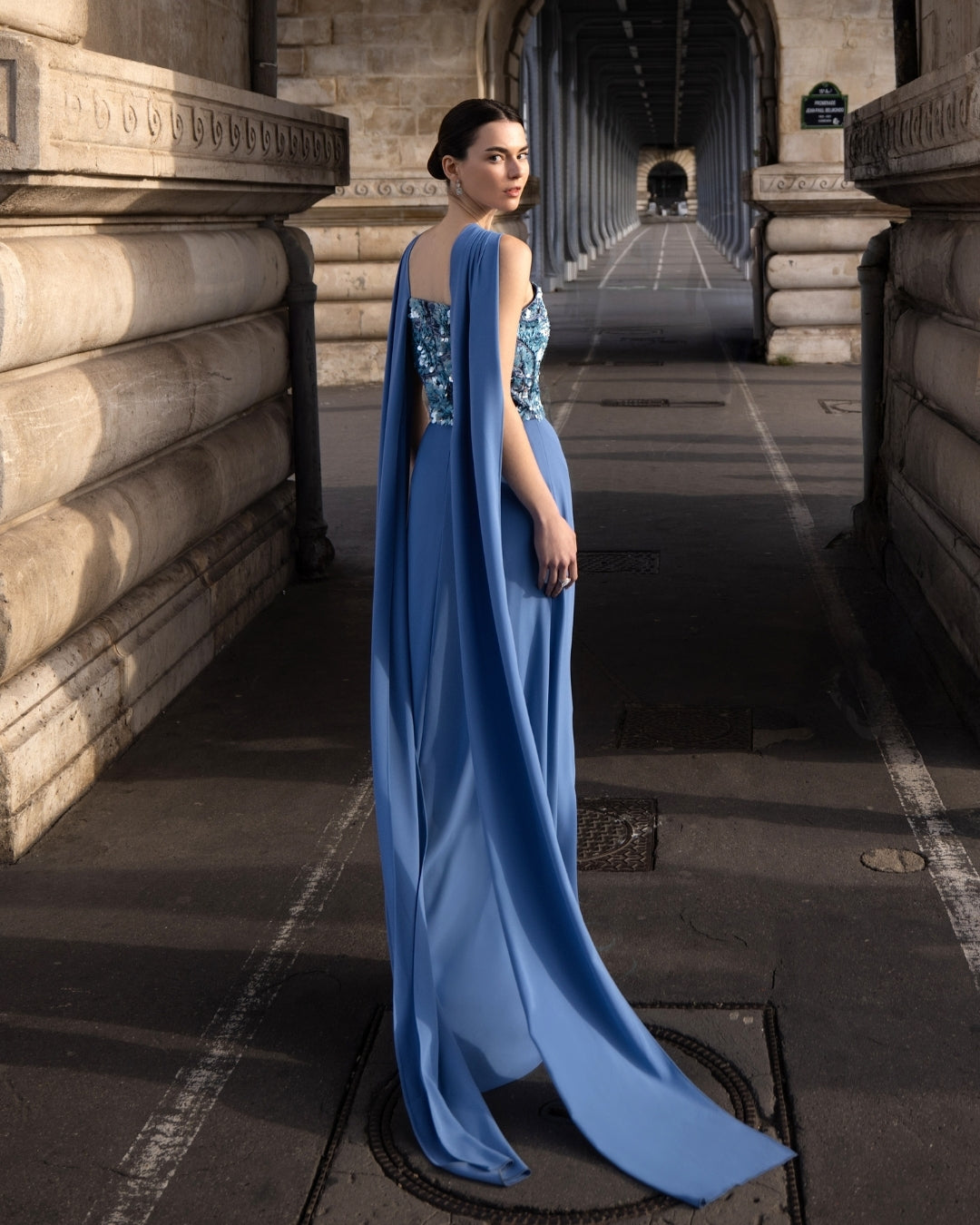 Bleu Nocturne Embroidered Cape Gown