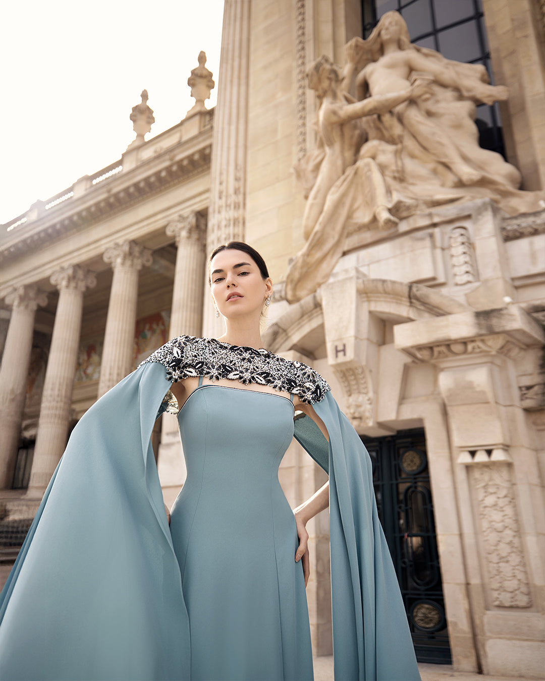 Bleu Ciel Embroidered Cape Gown