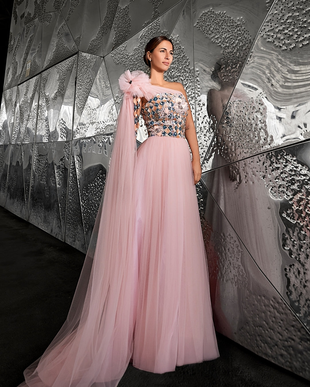 Blush Mosaic One-Shoulder Tulle Gown