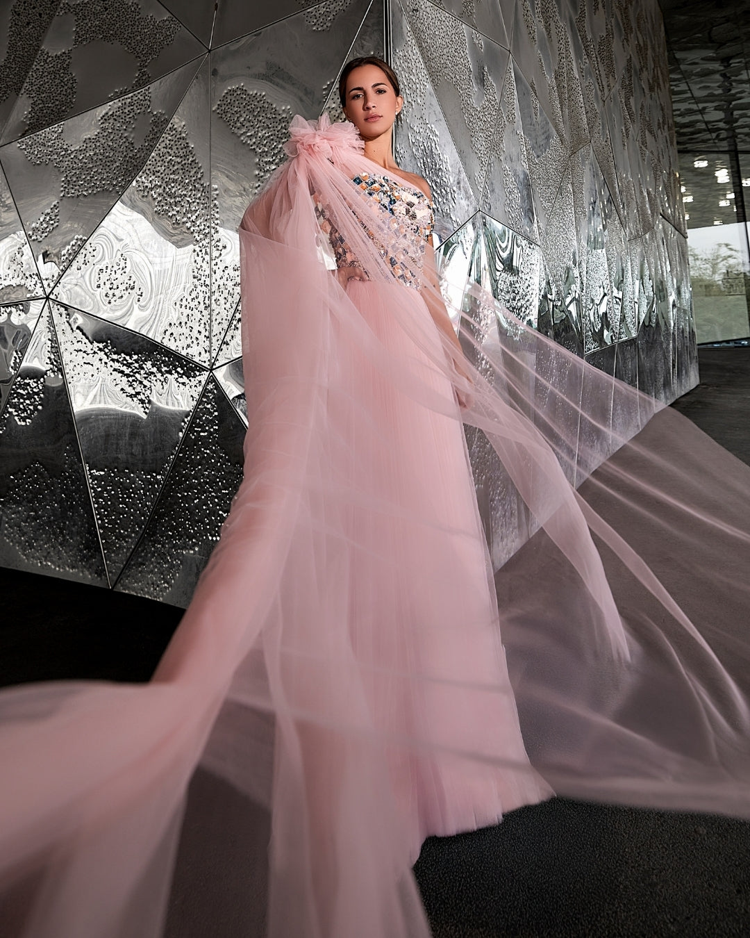 Blush Mosaic One-Shoulder Tulle Gown