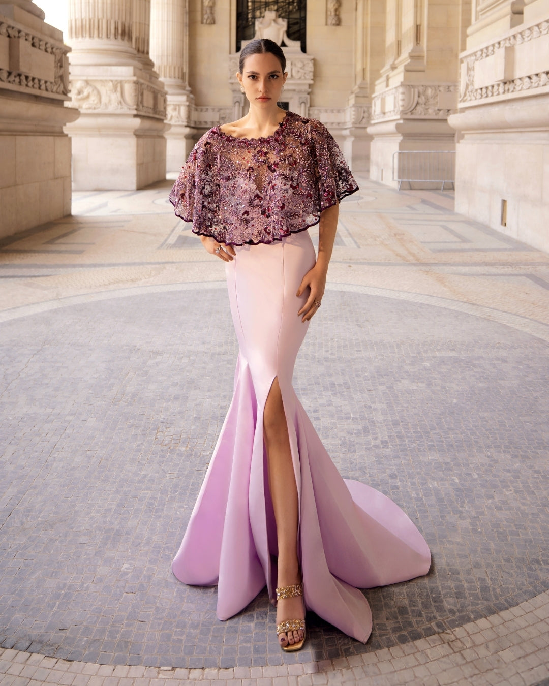 Blush Lilac Mermaid Gown with Améthyste Embellished Cape