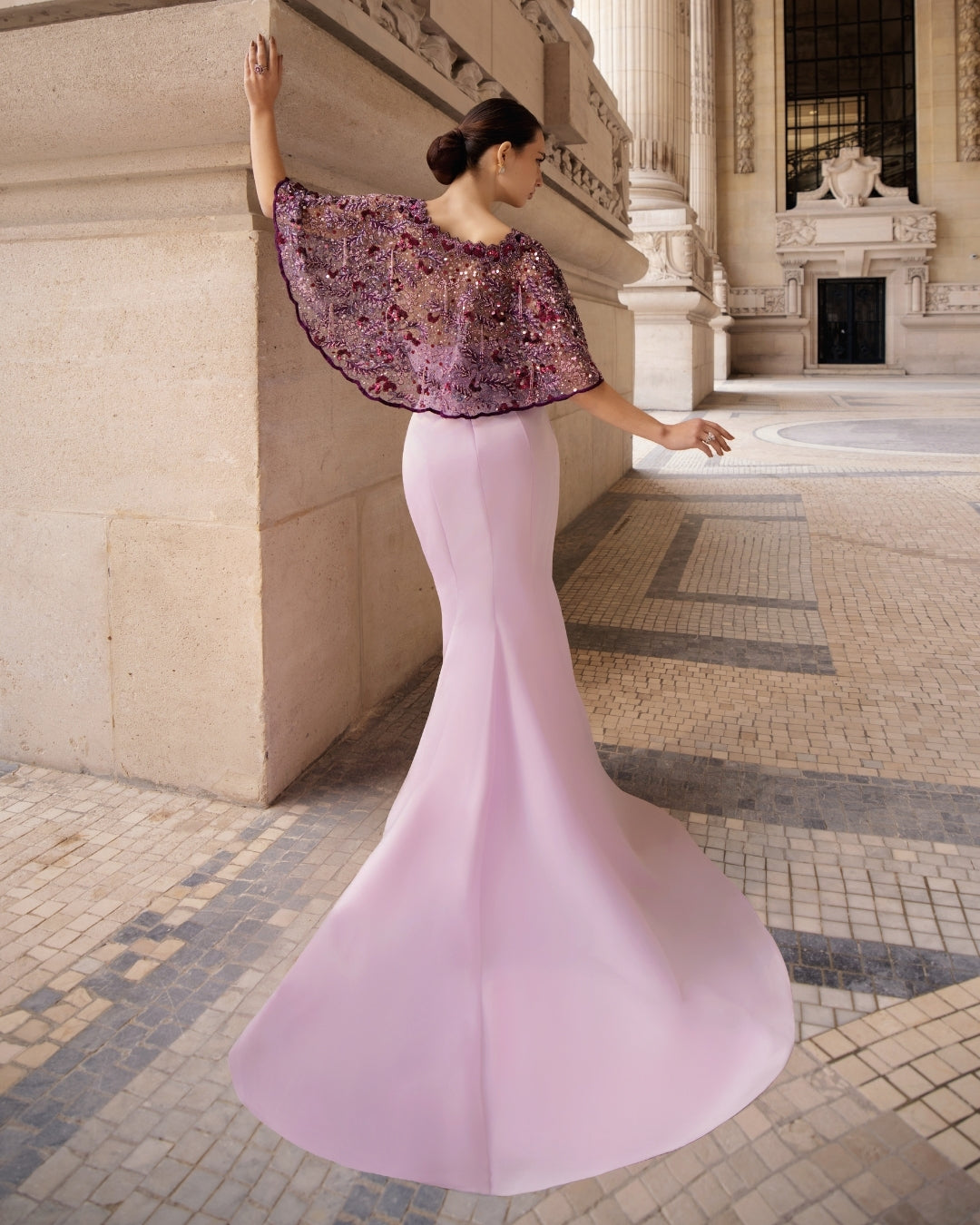 Blush Lilac Mermaid Gown with Améthyste Embellished Cape