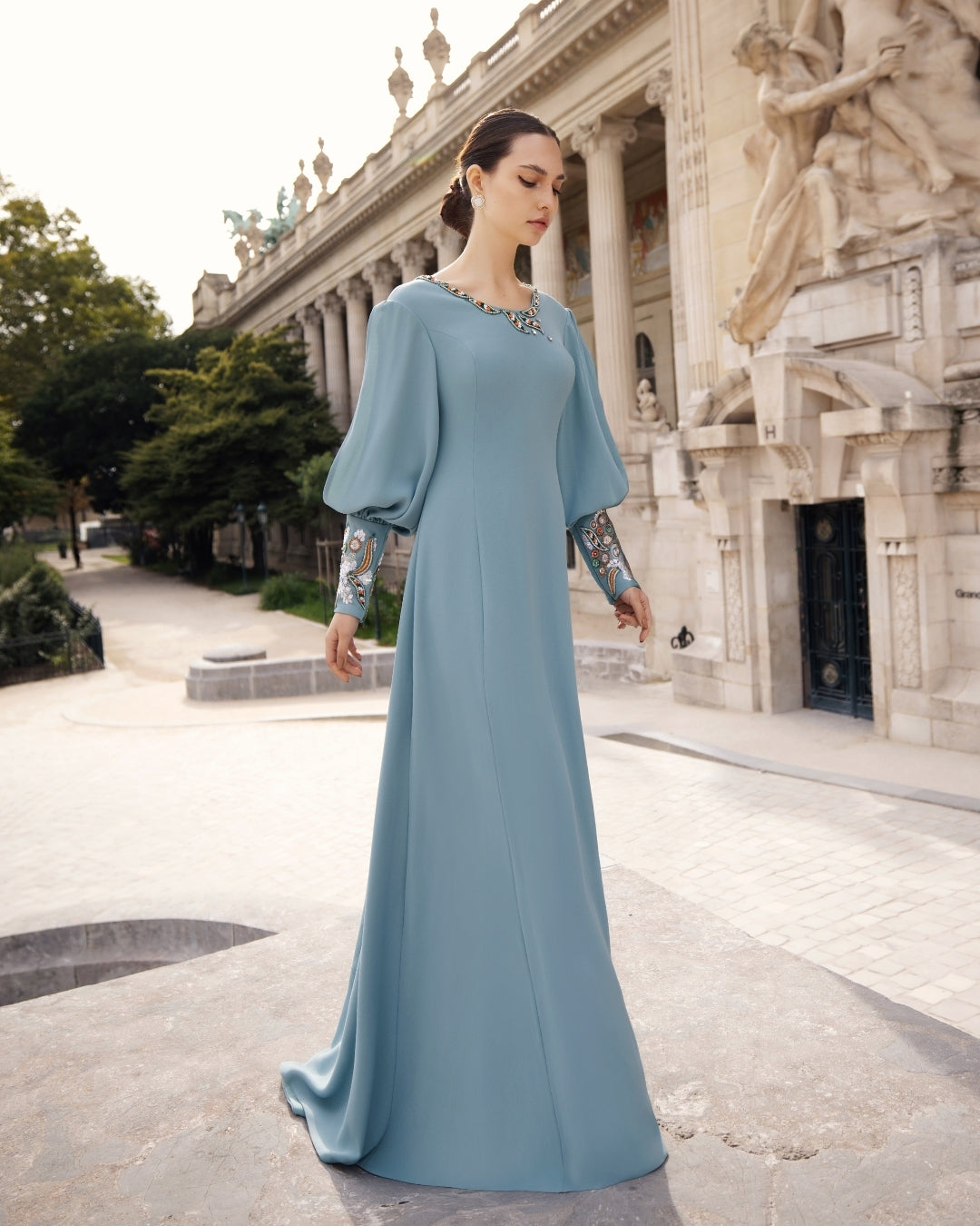 Bleu Ciel Embellished A-Line Crepe Gown