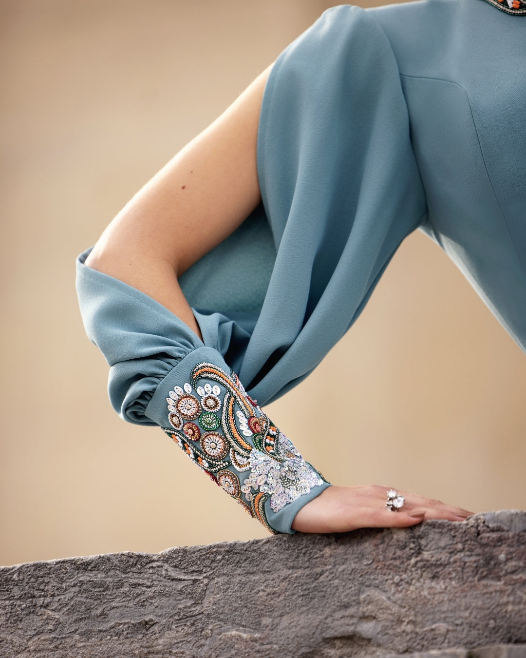 Bleu Ciel Embellished A-Line Crepe Gown