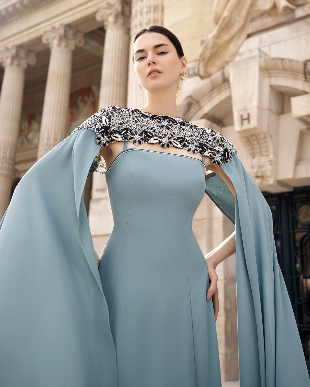 Bleu Ciel Embroidered Cape Gown
