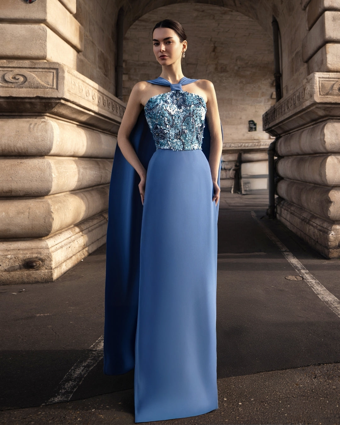 Bleu Nocturne Embroidered Cape Gown