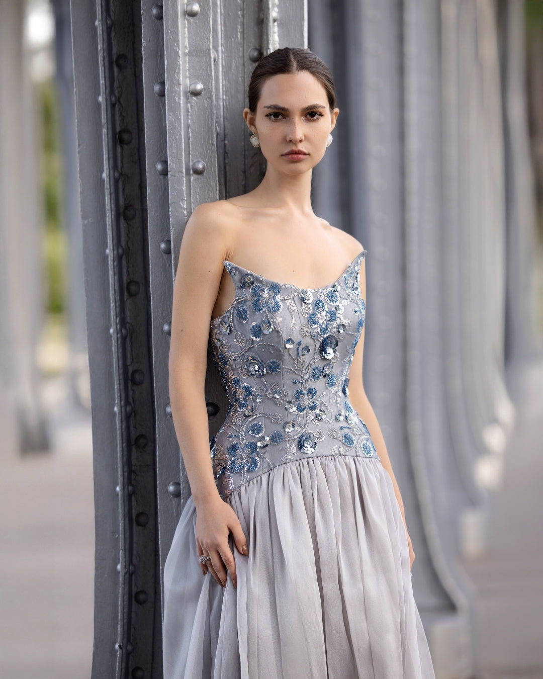 Bleu Glacier Embroidered Ball Gown